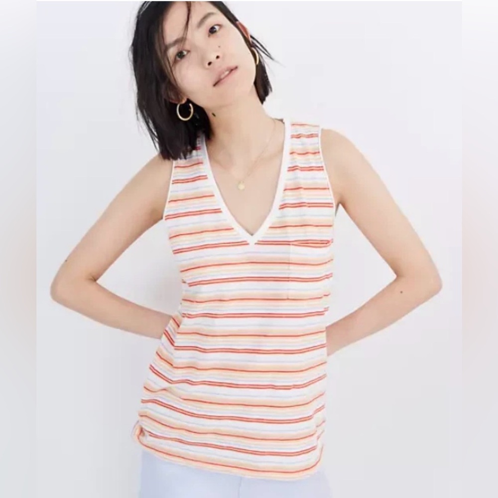 Madewell Whisper Cotton V-Neck Pocket Tank in Baker Stripe Size Medium
